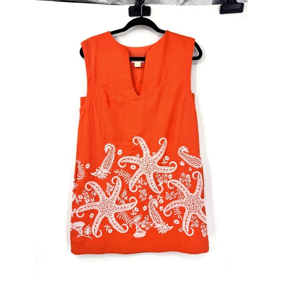 Maeve Anthropologie Orange Linen Blend Starfish Embroidered Shift Mini Dress 2 - Picture 3 of 6
